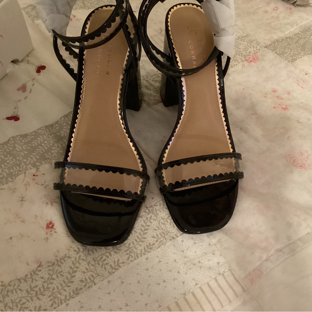 Women’s black patent and clear sandals, NEW,  size 9M. Ankle strap